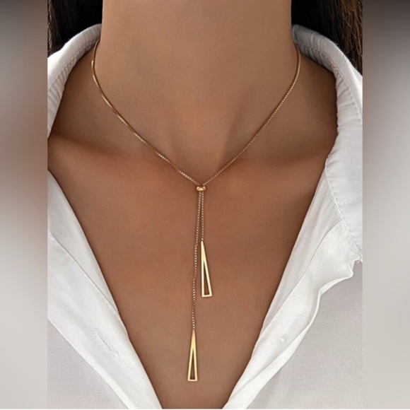 Jewelry - Gold Plated Stainless Steel Triangle Lariat Necklace – Adjustable Modern Pendant